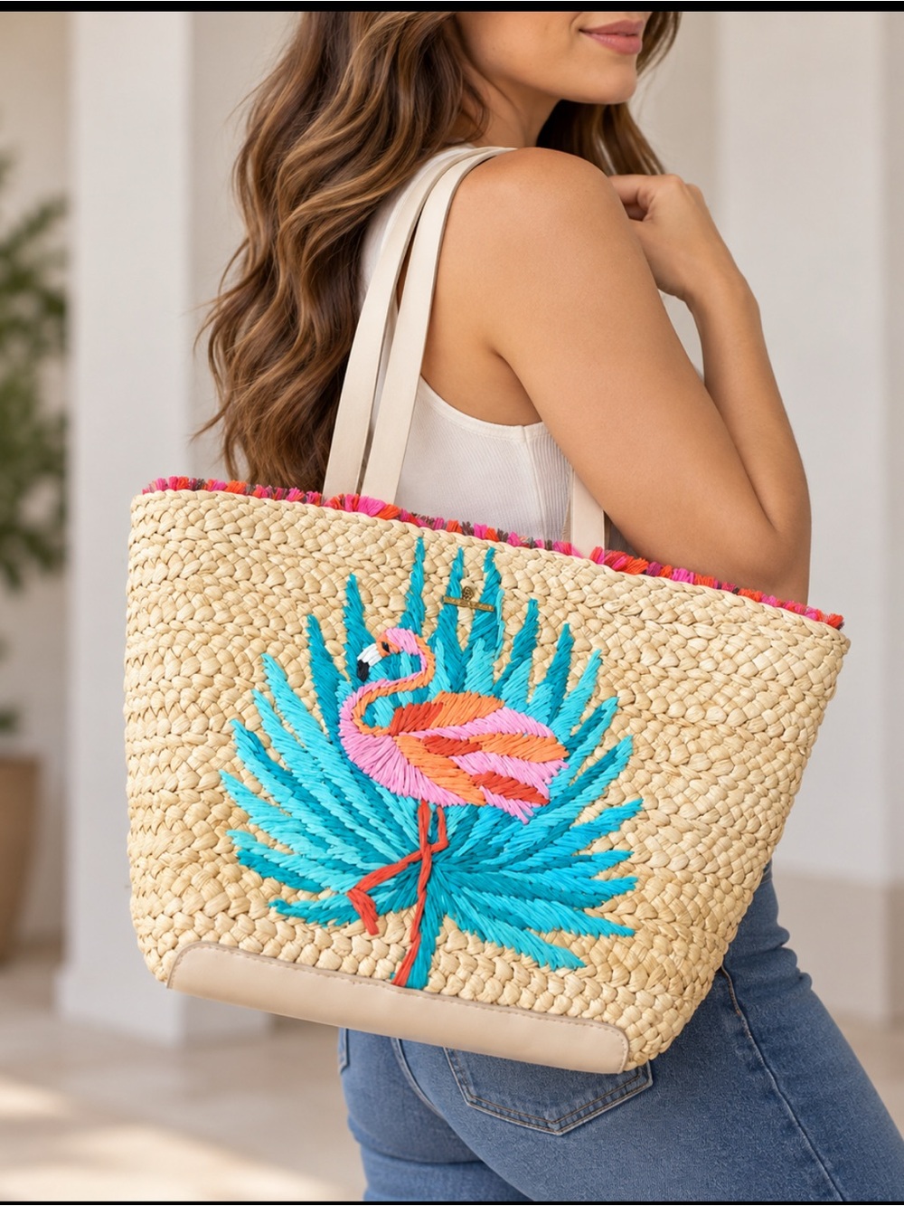 Spartina 449 Straw Beach Woven Straw Tote with Pink Flamingo Embroidery